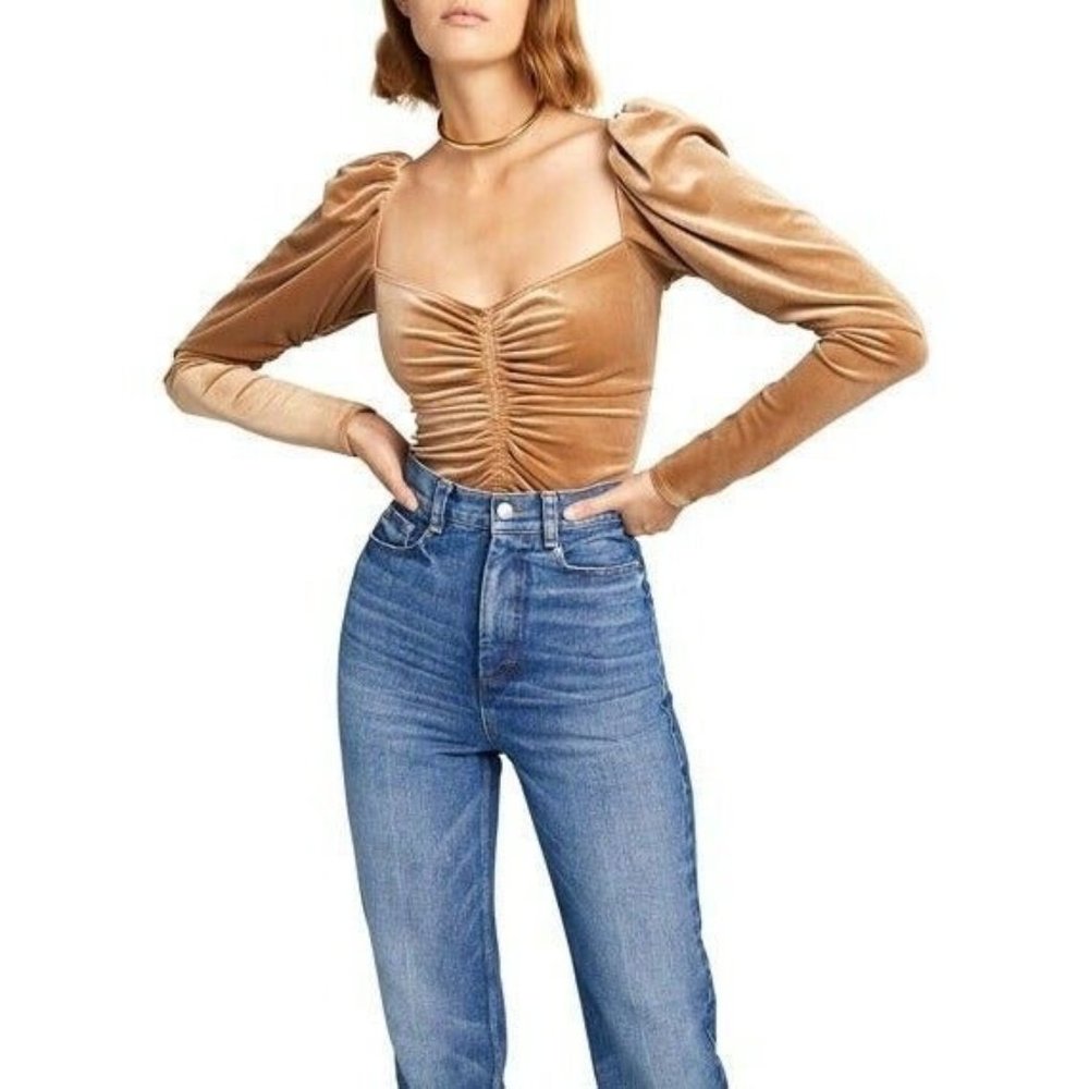 A.L.C. Chamberlain Ruched Long-Sleeve Square Neck Velvety Brown Top Size 10 NWOT